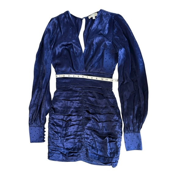 💙 Ronny Kobo Blue Silk Blend Ruched Mini Dress V-Neck Long Sleeve XS - Picture 8 of 9